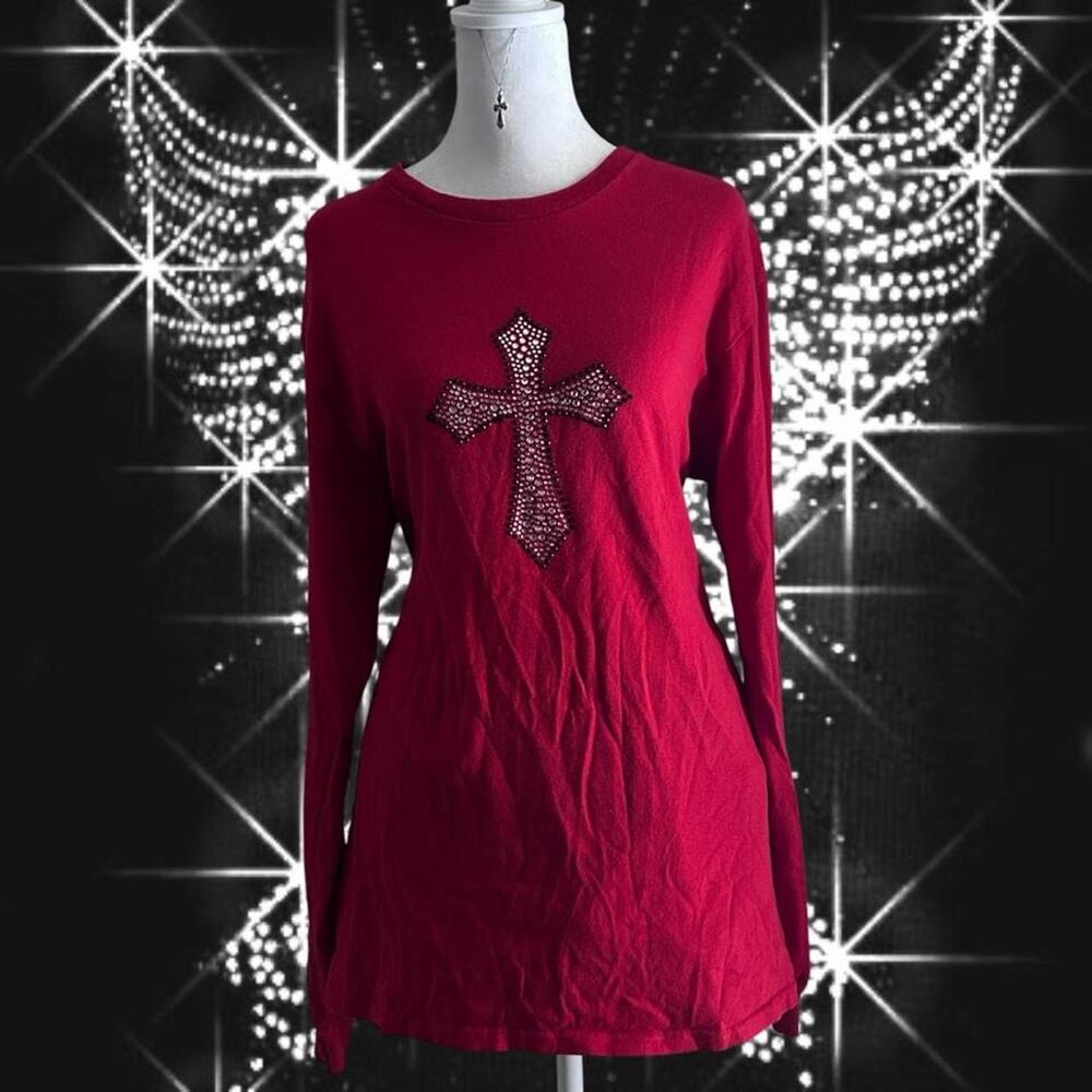 mcbling gothic bedazzled cross graphic red long sleeve shirt